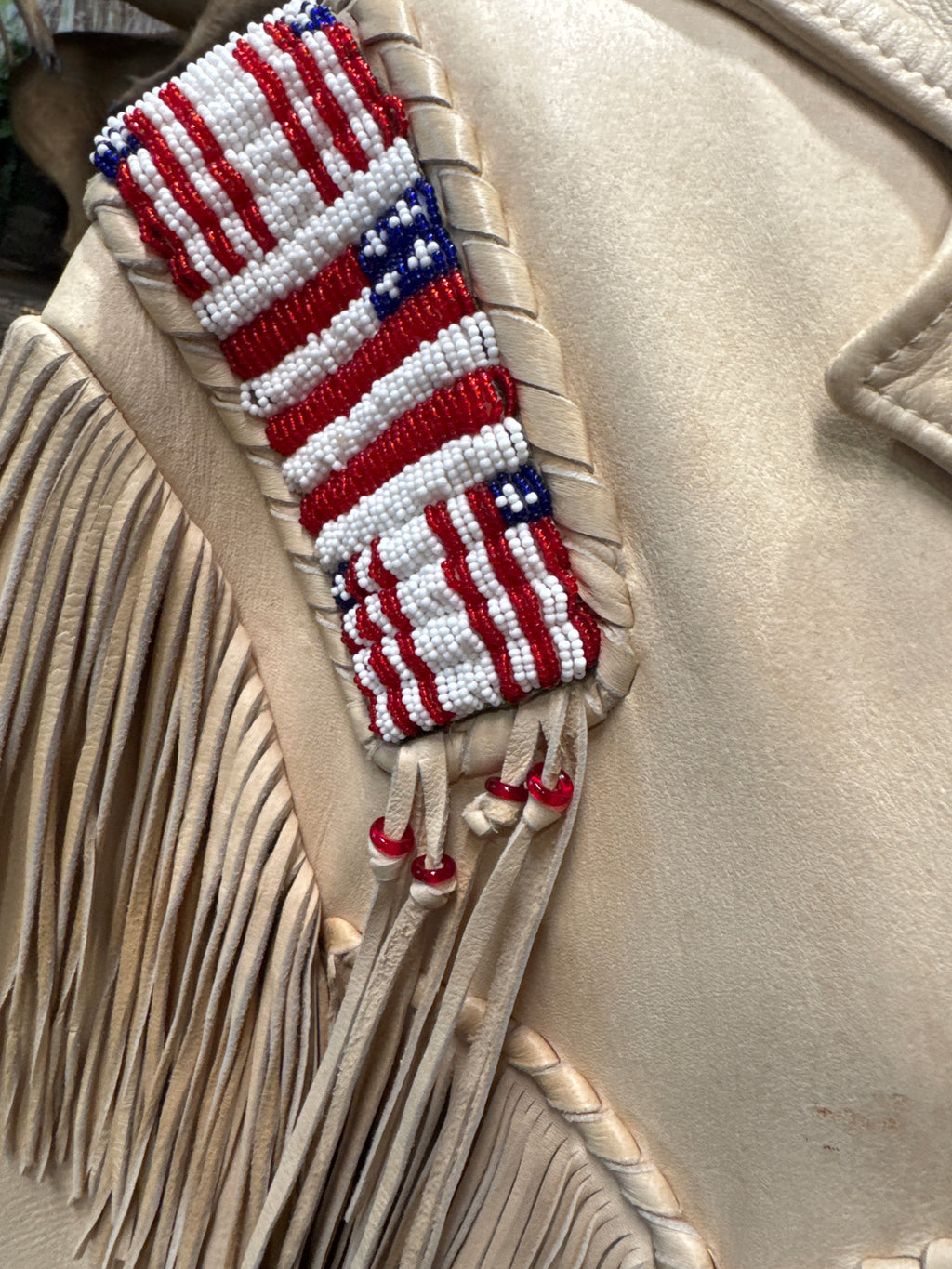 Vintage Beaded & Fringe Leather Jacket with Seed Bead Flags by Richie of Cody, WY