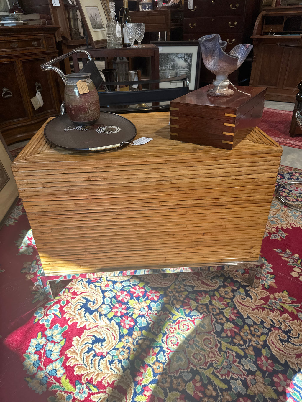 Vintage Bamboo and Chrome Storage Trunk Coffee Table