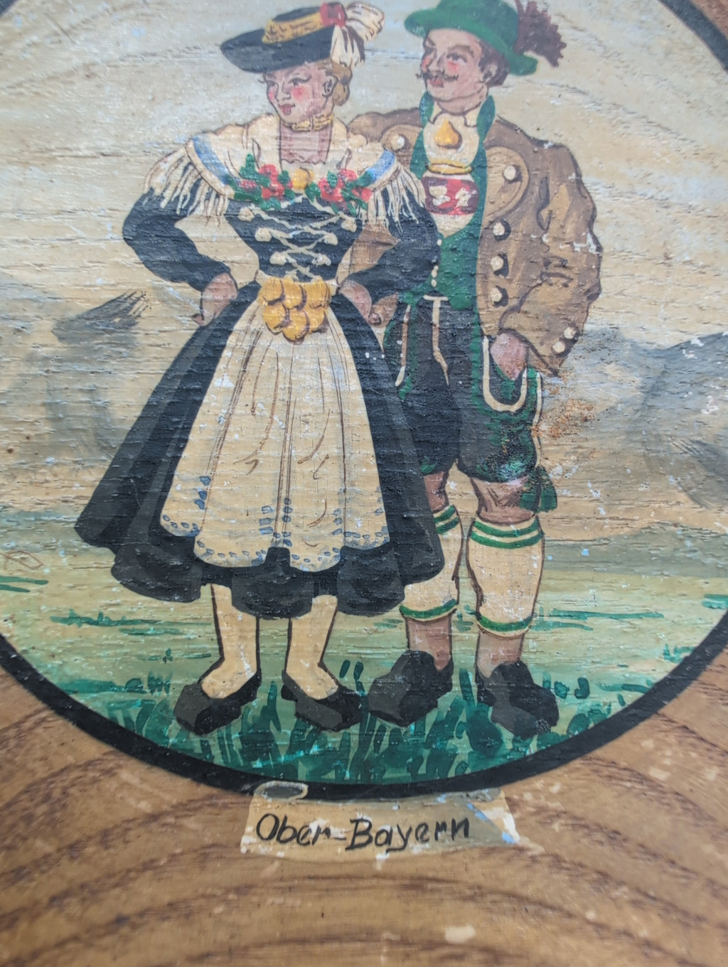 8" Vintage Hand Painted Bavarian Folk Art Wooden Souvenir Plate, "Ober-Bayern" (Upper Bavaria). Made in Germany.