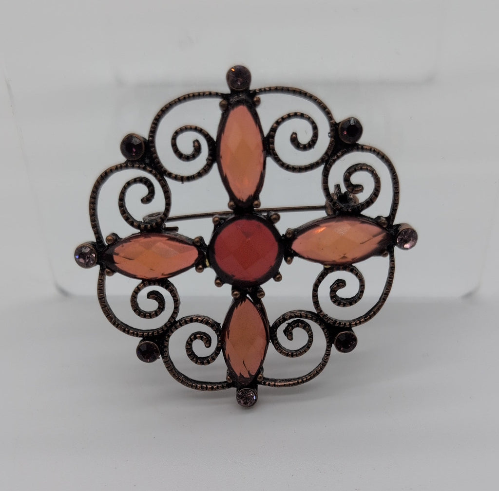 Bronze Toned Pin with Opaque Brown and Purple Rhinestones
