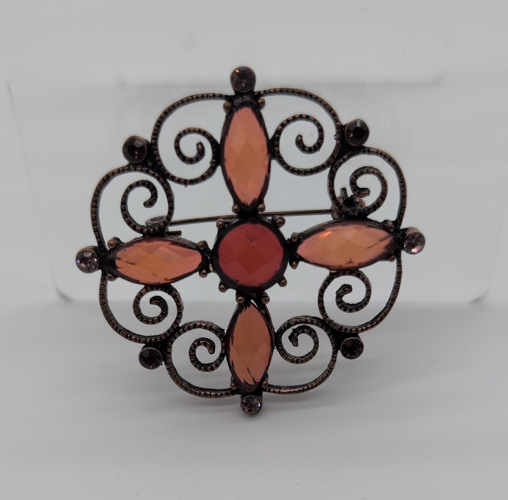 Bronze Toned Pin with Opaque Brown and Purple Rhinestones