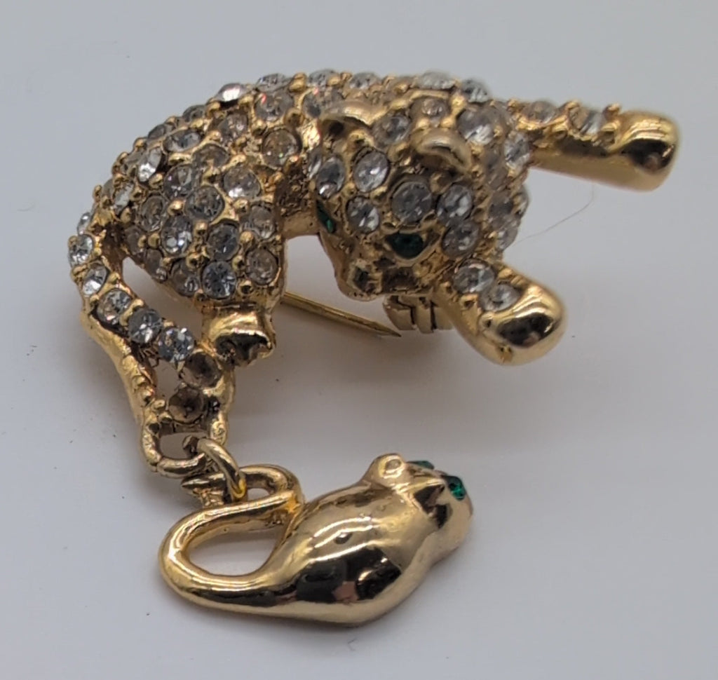 Vintage Rhinestone Cat with Mouse Brooch