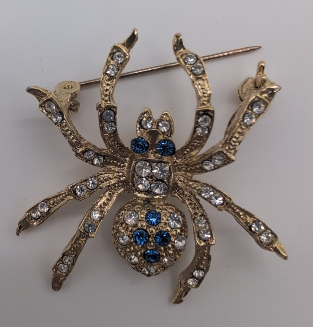 Vintage Gold Toned Spider Brooch with Rhinestones
