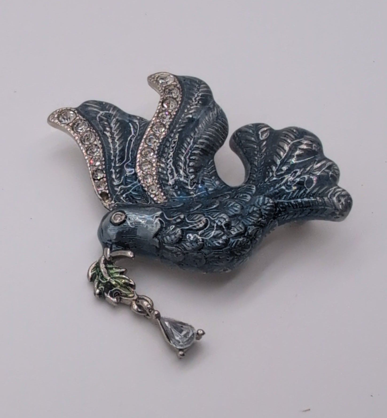 Vintage Blue Enamel and Rhinestone Dove Pin