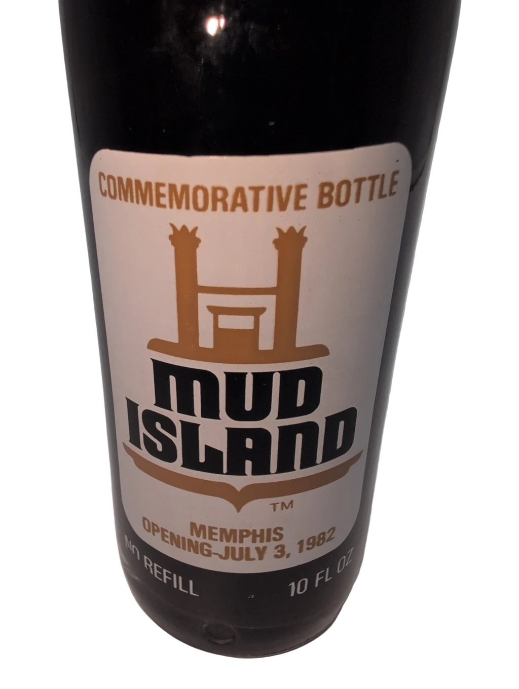 1982 MUD ISLAND COMMEMORATIVE BOTTLE, ISLAND RESTAURANTS INC. MEMPHIS, 10oz COCA-COLA BOTTLE
