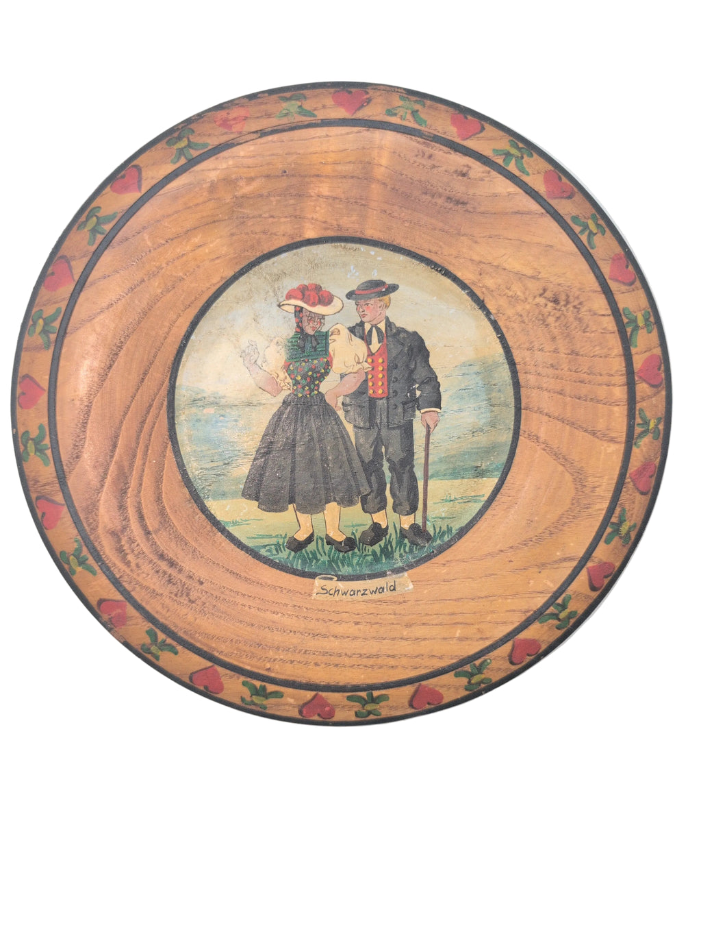 8" Vintage Hand Painted Bavarian Folk Art Decorative Wooden Plate, "Schwarzwald" (Black Forest). Made in Germany.