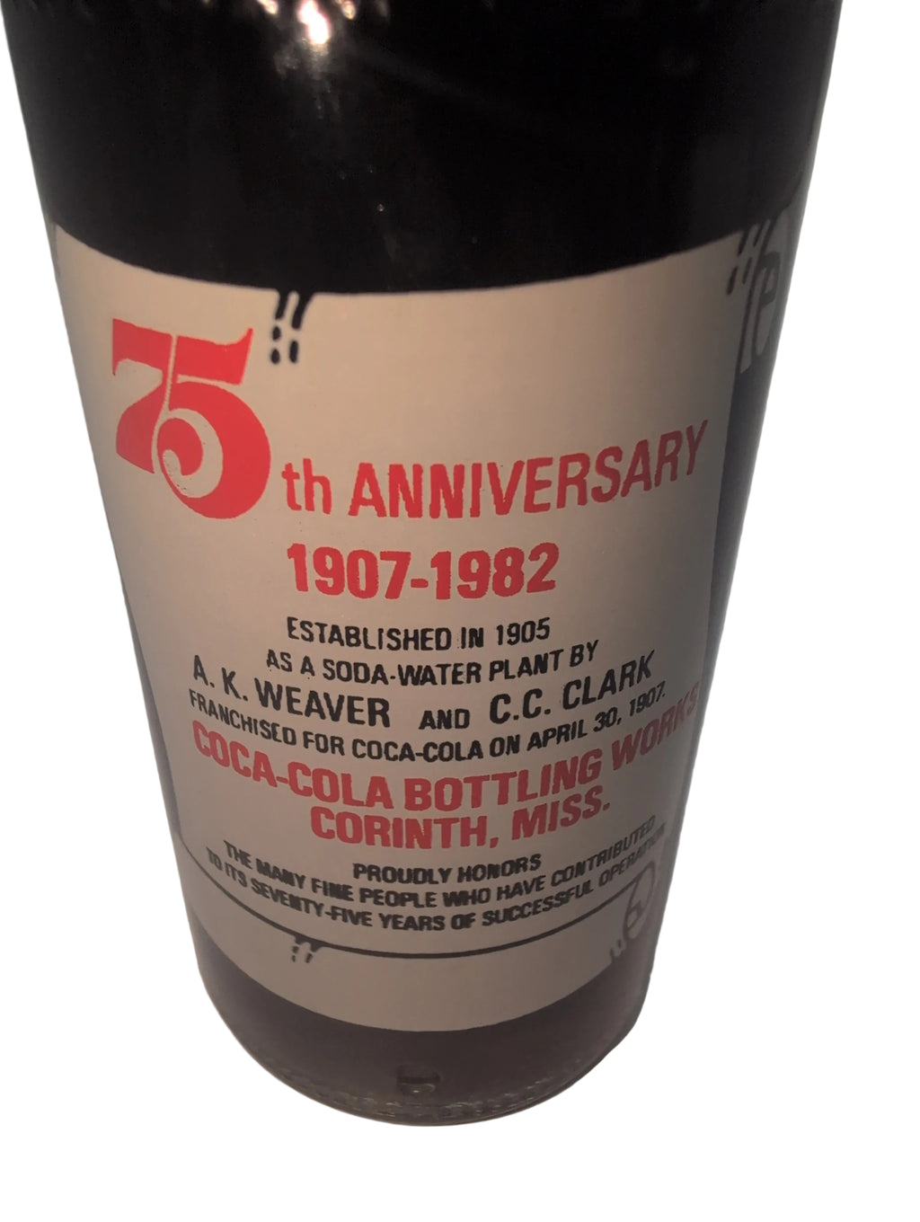 CORINTH, MISSISSIPPI 75TH ANNIVERSARY 1907-1982 COCA-COLA BOTTLE COKE