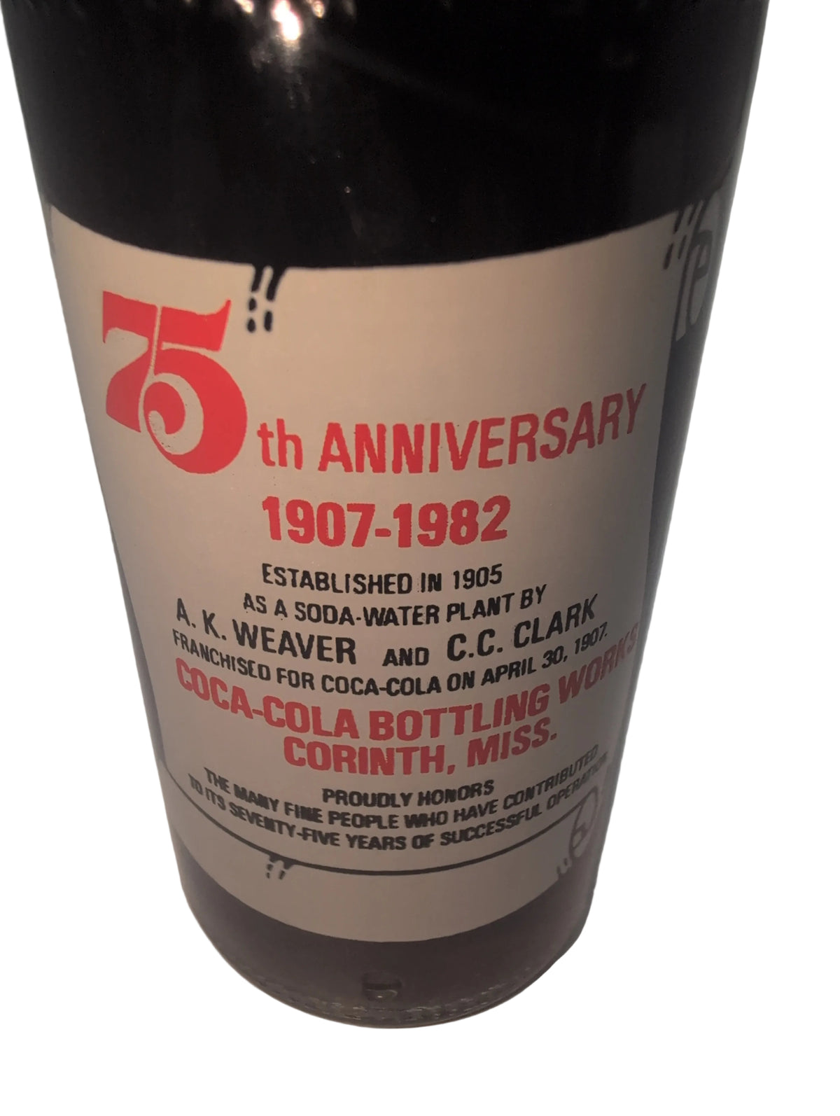 CORINTH, MISSISSIPPI 75TH ANNIVERSARY 1907-1982 COCA-COLA BOTTLE COKE