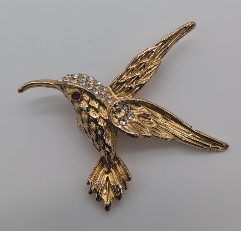 Vintage Gold Toned Hummingbird with Rhinestones Pin