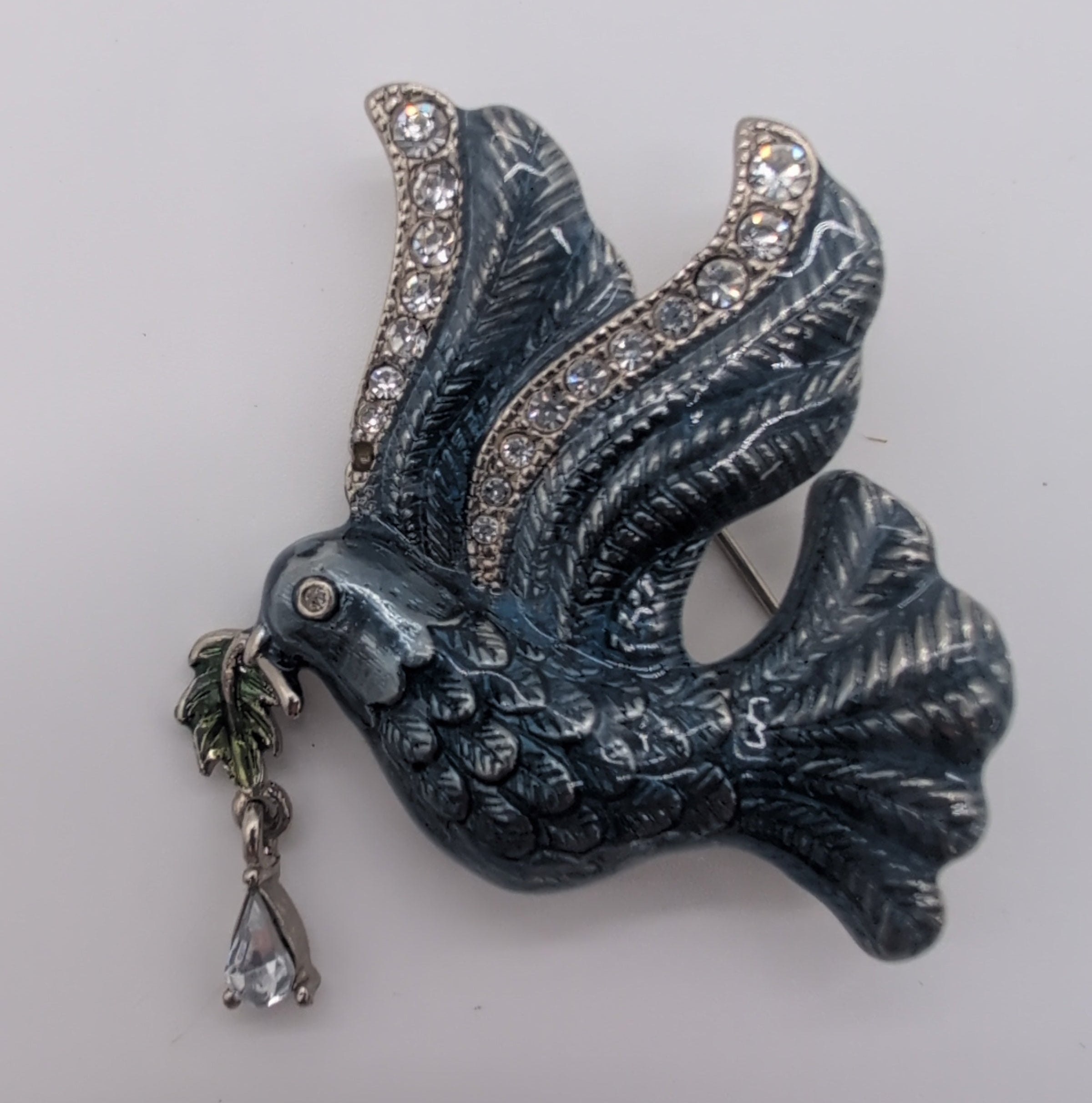Vintage Blue Enamel and Rhinestone Dove Pin
