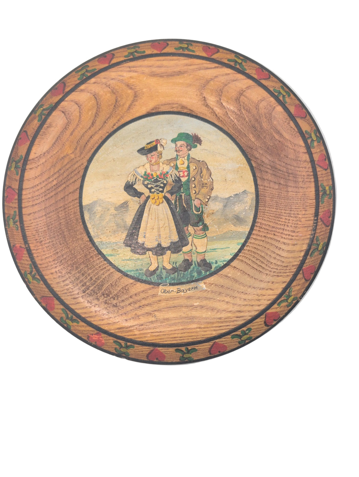 8" Vintage Hand Painted Bavarian Folk Art Wooden Souvenir Plate, "Ober-Bayern" (Upper Bavaria). Made in Germany.