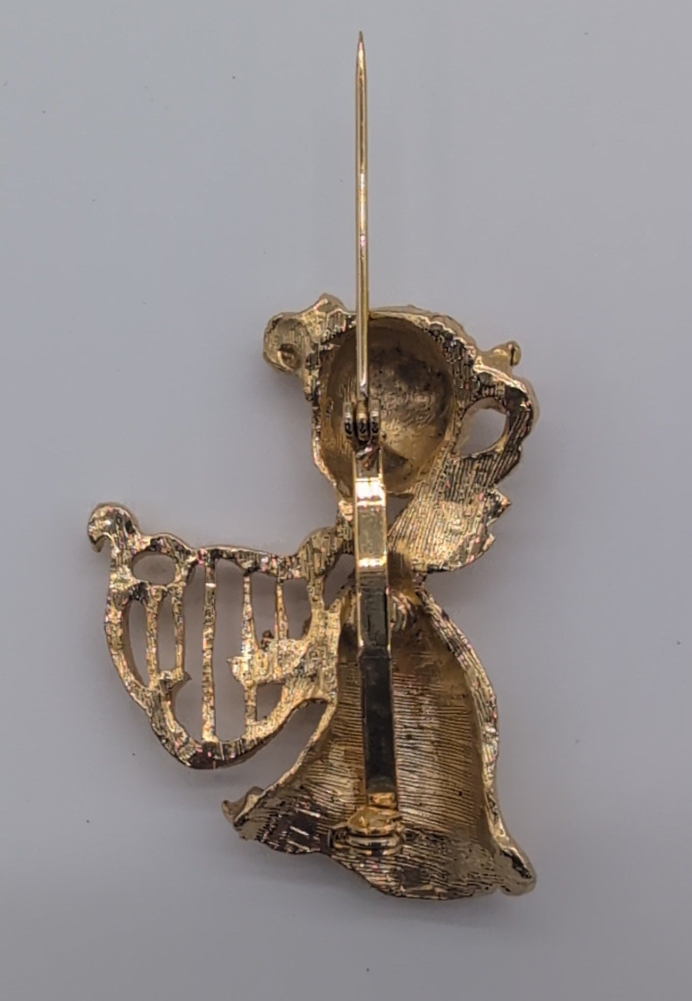 Vintage Gold Colored Angel Holding Harp with Red & Green Rhinestones Pin