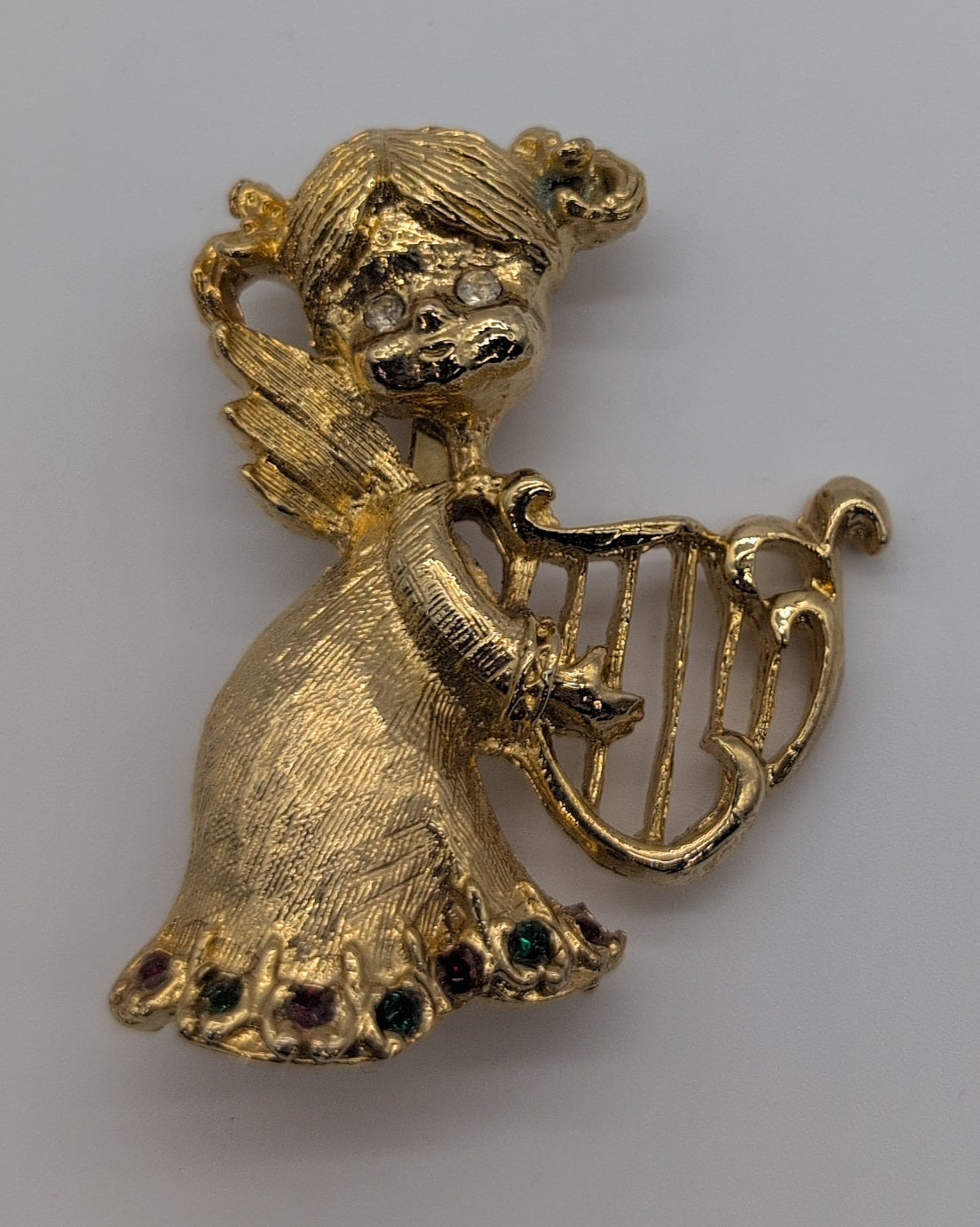 Vintage Gold Colored Angel Holding Harp with Red & Green Rhinestones Pin