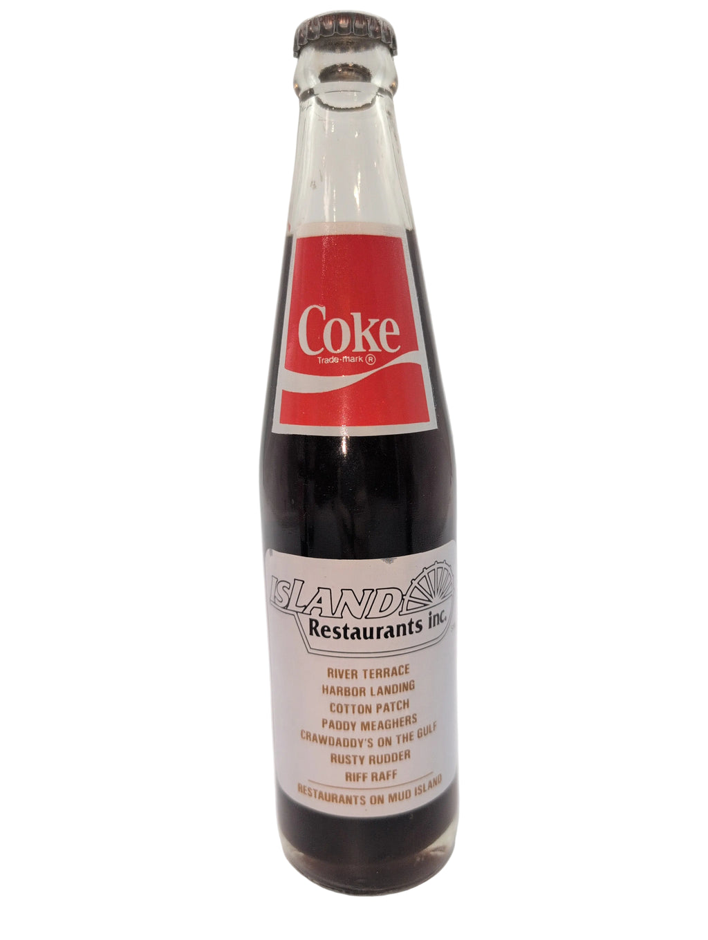 1982 MUD ISLAND COMMEMORATIVE BOTTLE, ISLAND RESTAURANTS INC. MEMPHIS, 10oz COCA-COLA BOTTLE