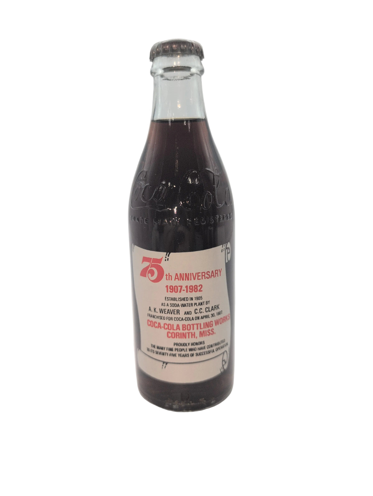 CORINTH, MISSISSIPPI 75TH ANNIVERSARY 1907-1982 COCA-COLA BOTTLE COKE