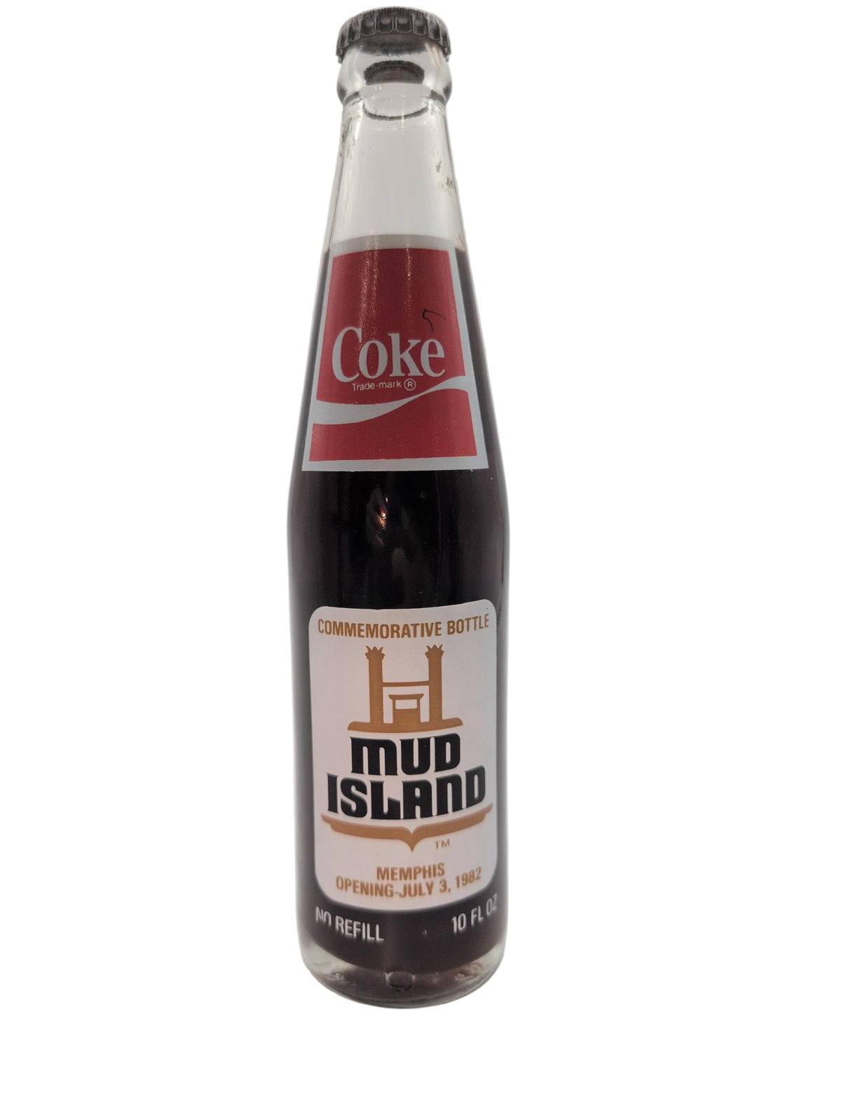 1982 MUD ISLAND COMMEMORATIVE BOTTLE, ISLAND RESTAURANTS INC. MEMPHIS, 10oz COCA-COLA BOTTLE