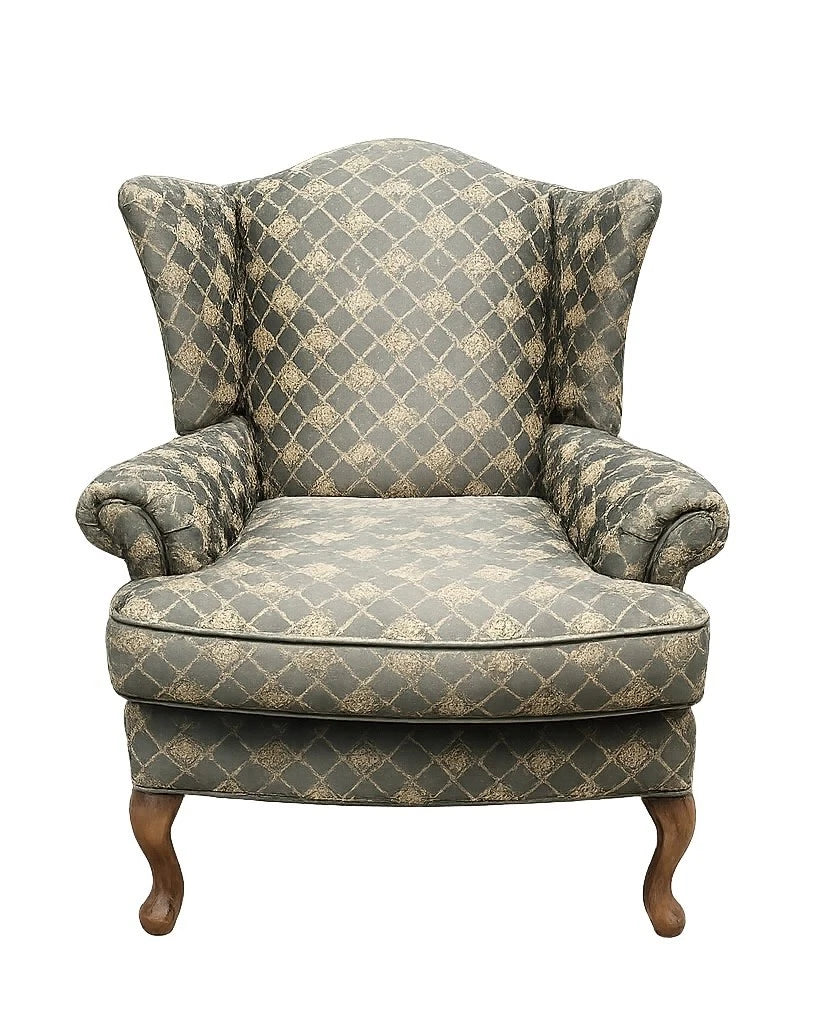 Vintage Upholstered Wing Back Chair by Clayton Marcus in Green and Gold