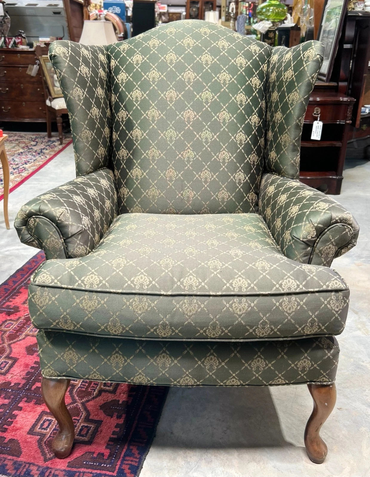 Vintage Upholstered Wing Back Chair by Clayton Marcus in Green and Gold