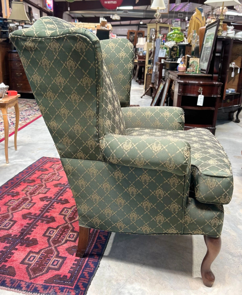 Vintage Upholstered Wing Back Chair by Clayton Marcus in Green and Gold