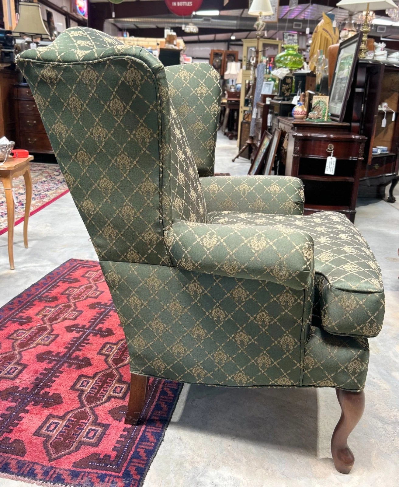 Vintage Upholstered Wing Back Chair by Clayton Marcus in Green and Gold