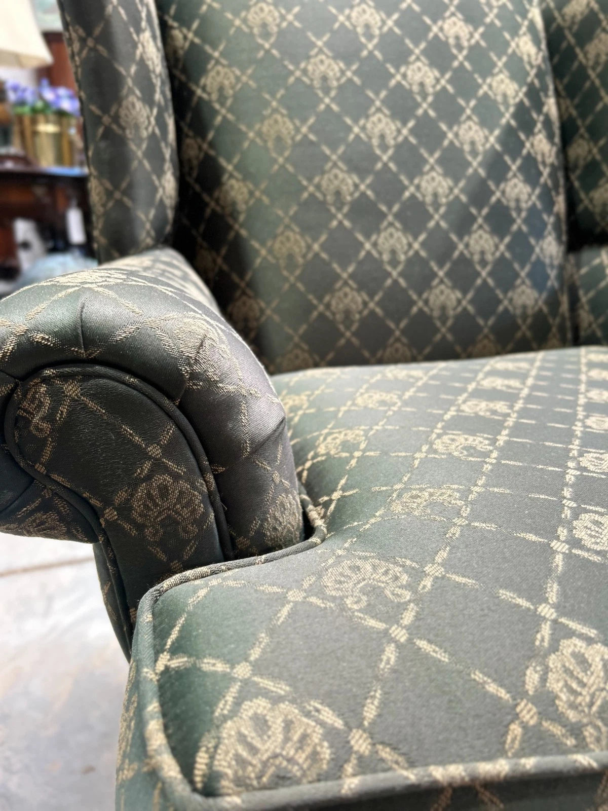 Vintage Upholstered Wing Back Chair by Clayton Marcus in Green and Gold