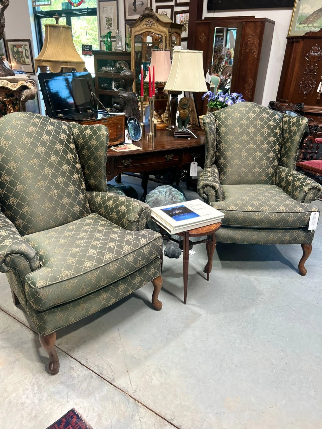 Vintage Upholstered Wing Back Chair by Clayton Marcus in Green and Gold
