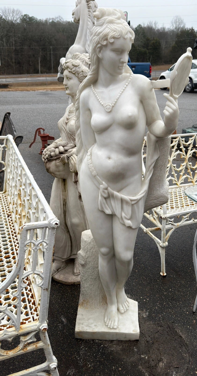 White Marble Sculpture Statue - Semi Nude Woman with Mirror