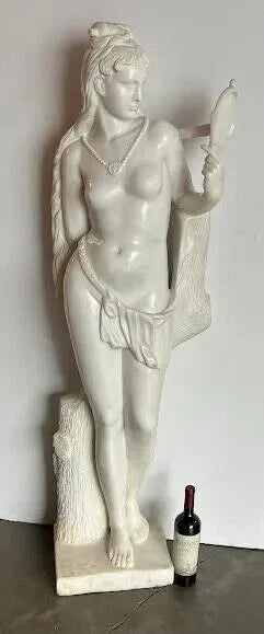White Marble Sculpture Statue - Semi Nude Woman with Mirror
