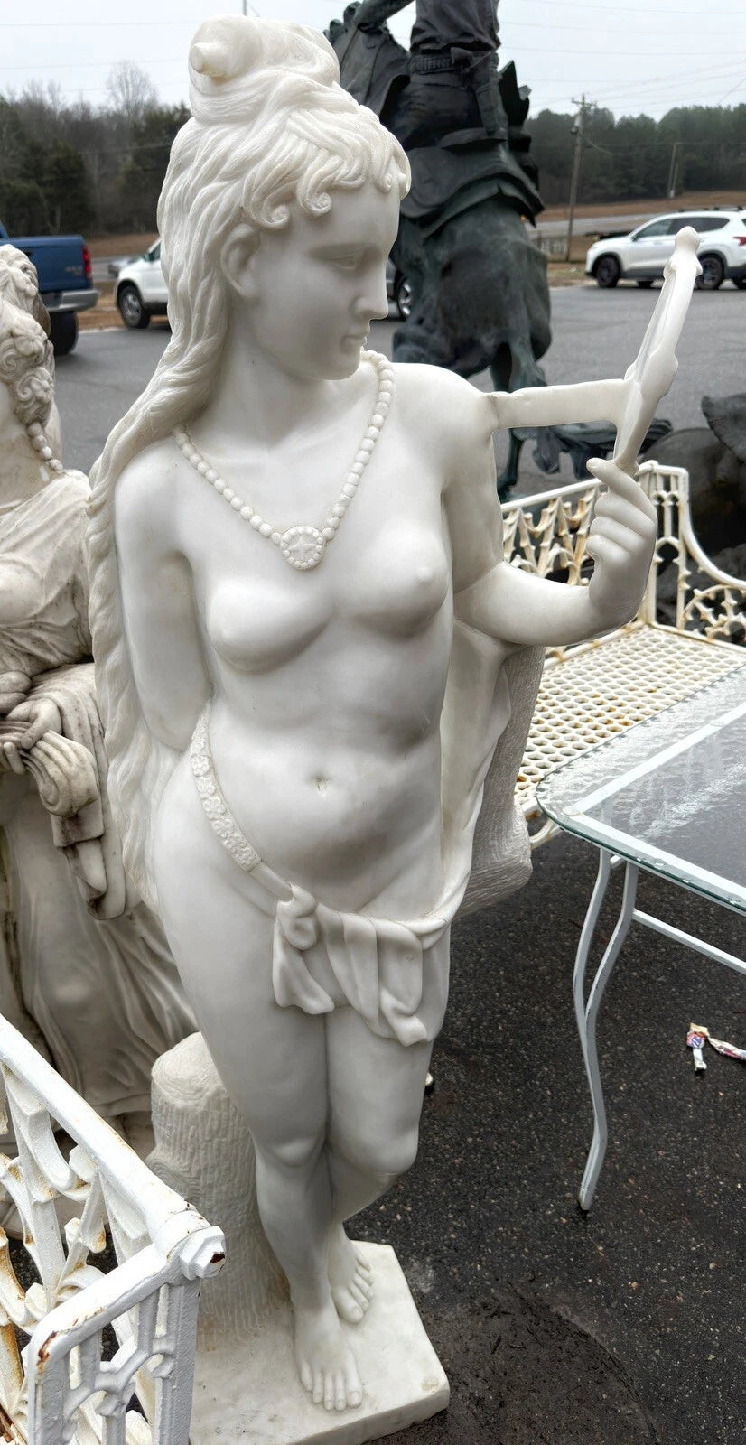 White Marble Sculpture Statue - Semi Nude Woman with Mirror