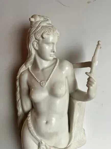 White Marble Sculpture Statue - Semi Nude Woman with Mirror