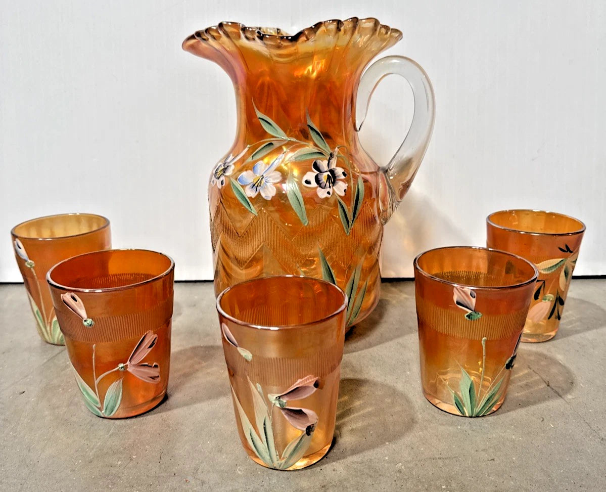 Vintage Fenton Marigold Carnival Glass Hand-Painted Floral Pitcher with 5 Tumblers