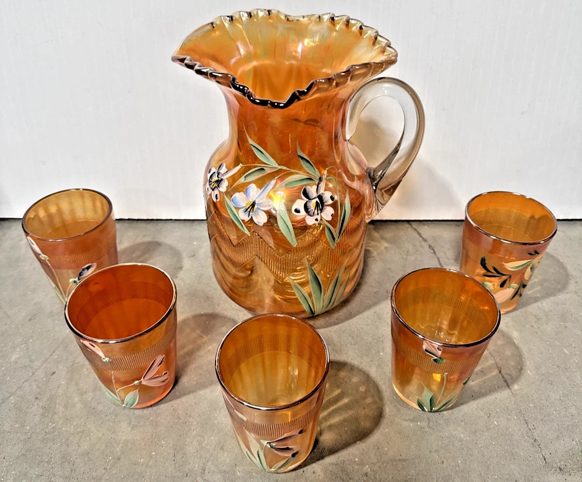 Vintage Fenton Marigold Carnival Glass Hand-Painted Floral Pitcher with 5 Tumblers