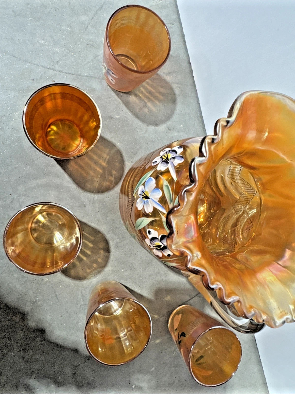Vintage Fenton Marigold Carnival Glass Hand-Painted Floral Pitcher with 5 Tumblers