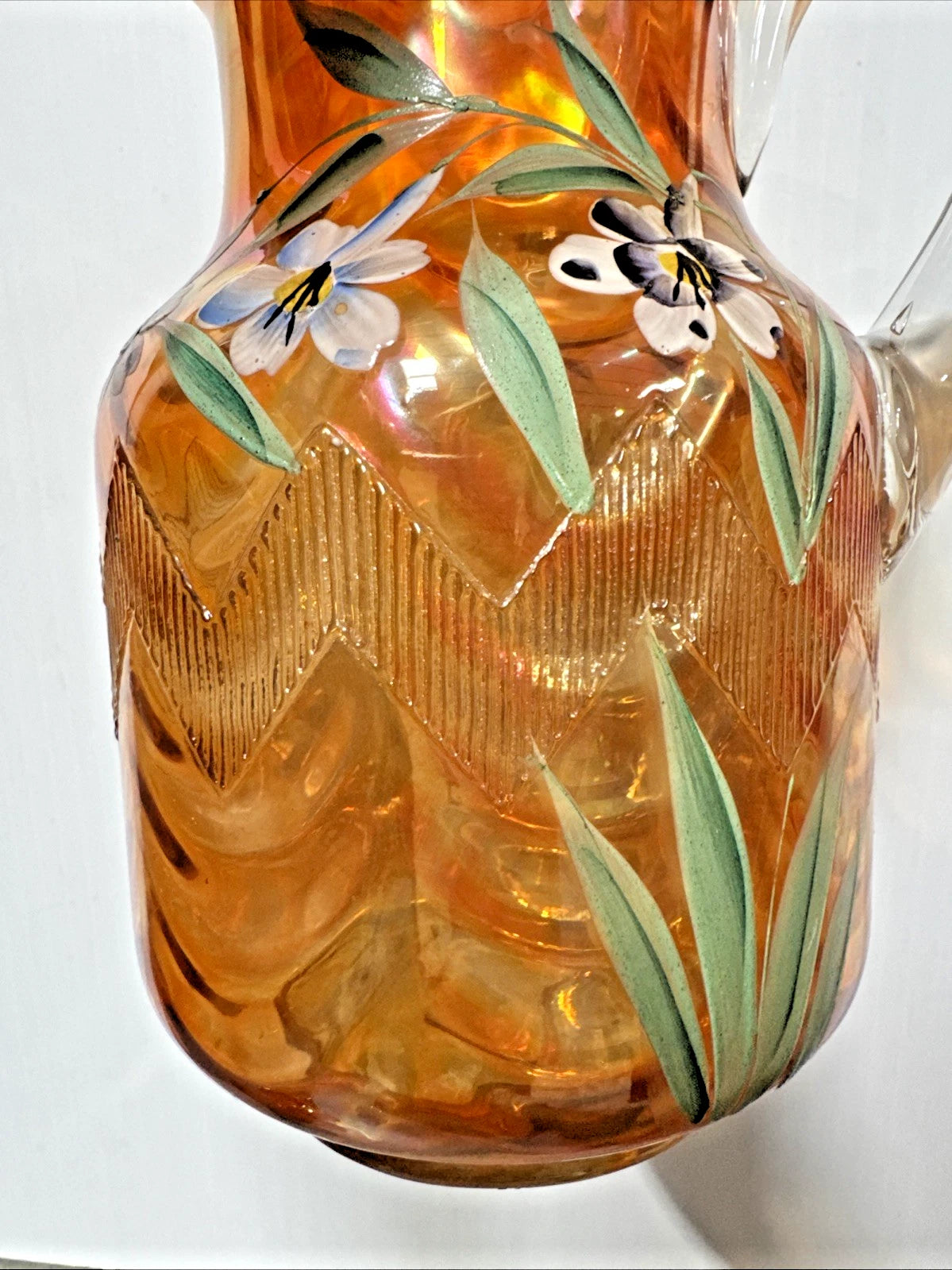 Vintage Fenton Marigold Carnival Glass Hand-Painted Floral Pitcher with 5 Tumblers