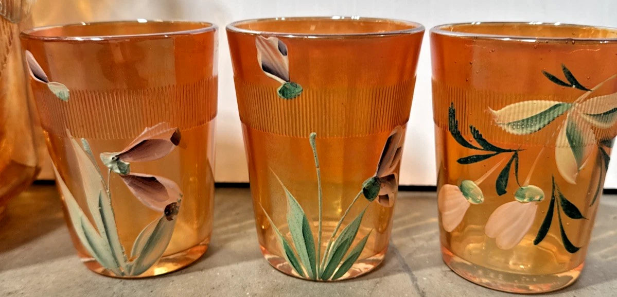 Vintage Fenton Marigold Carnival Glass Hand-Painted Floral Pitcher with 5 Tumblers
