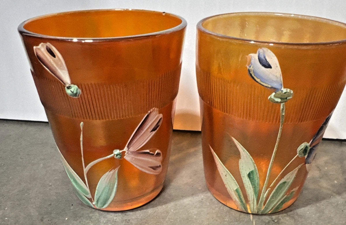 Vintage Fenton Marigold Carnival Glass Hand-Painted Floral Pitcher with 5 Tumblers