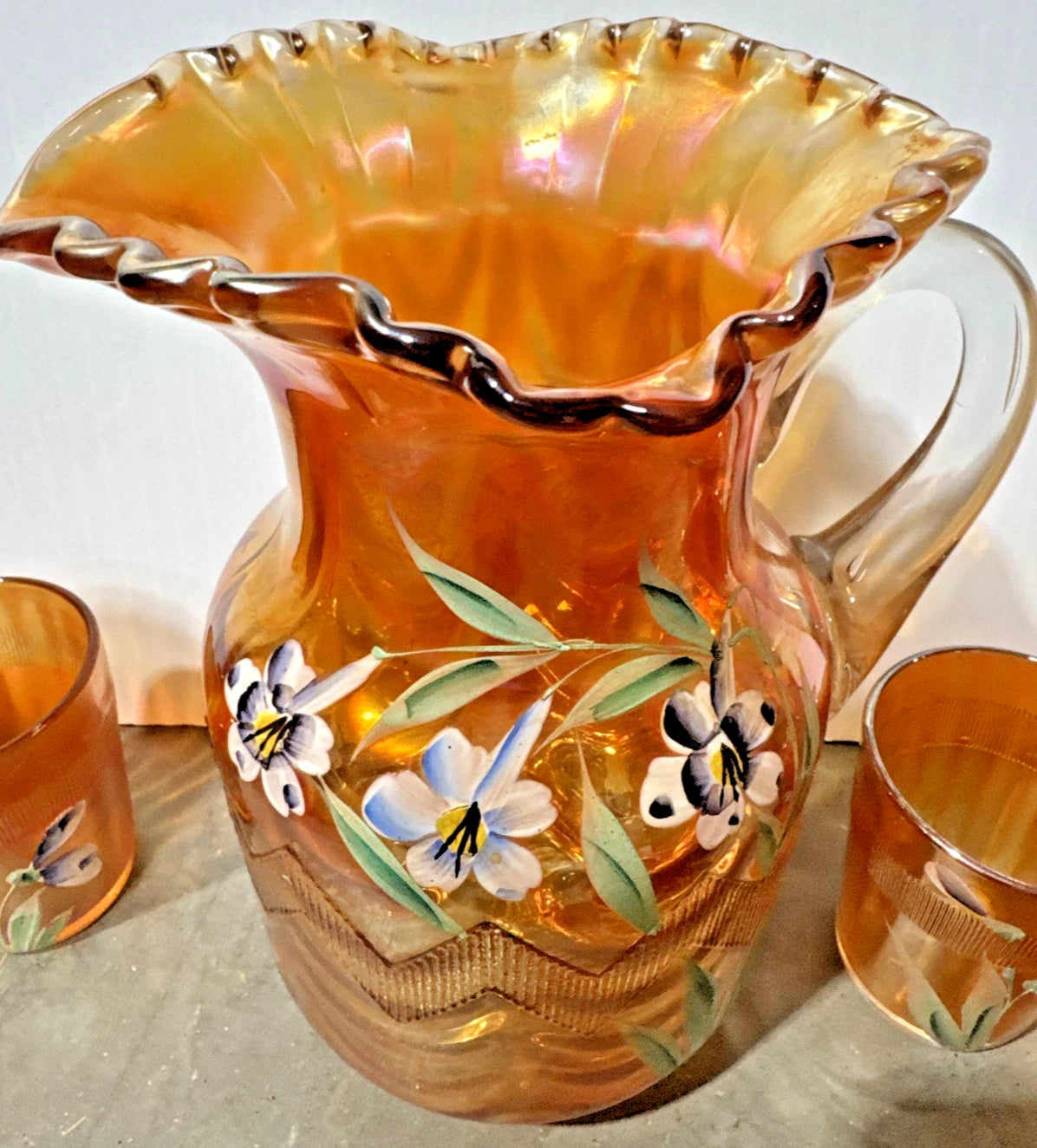 Vintage Fenton Marigold Carnival Glass Hand-Painted Floral Pitcher with 5 Tumblers